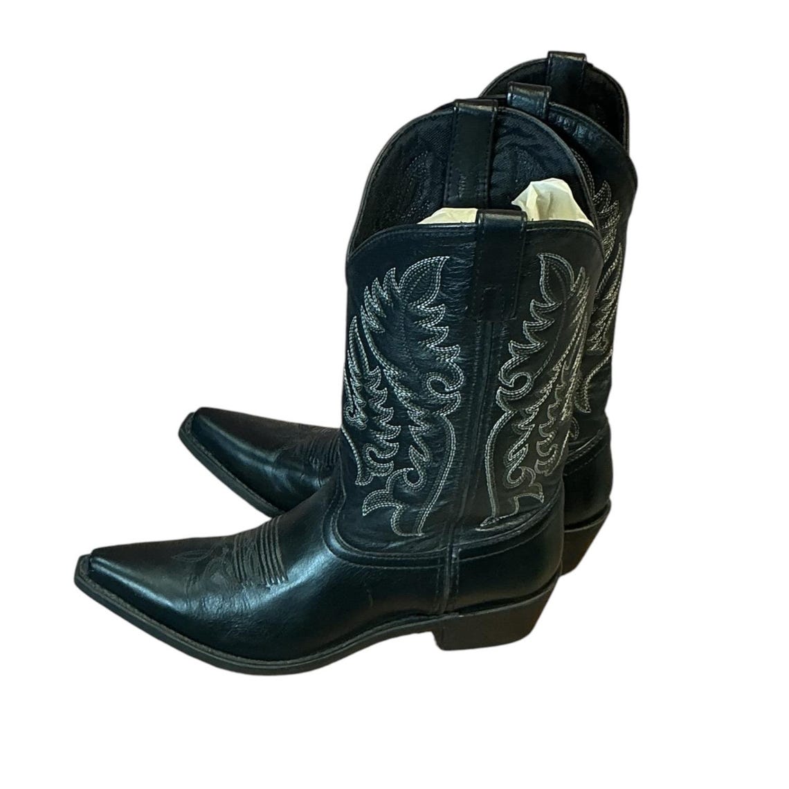Vintage 1980s Laredo Black Leather Flame Stitch Cowboy Boots Size 6 6.5, foto 3 di 3