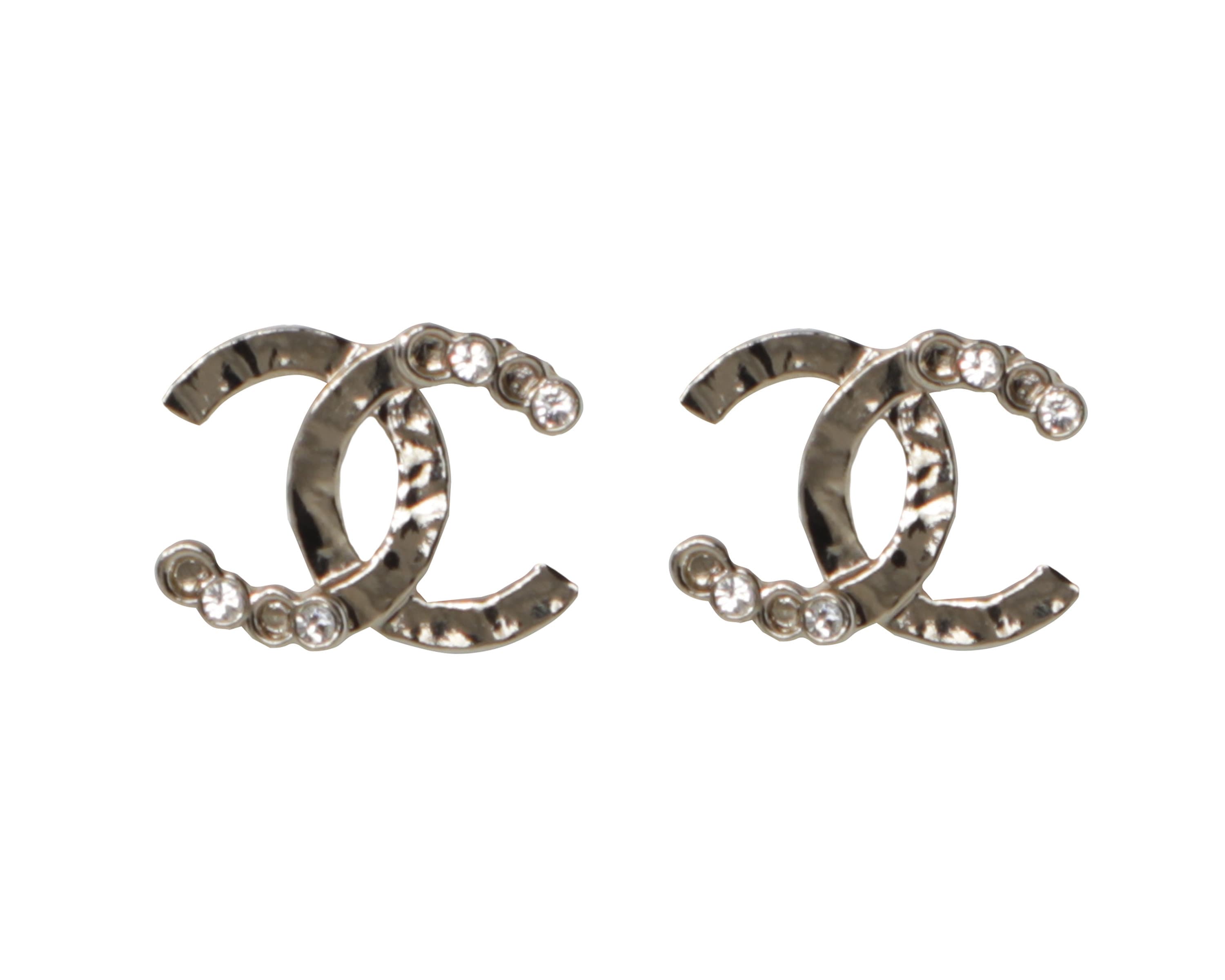 Chanel CC Logo Hammered Rhinestone Post Gold Earrings - Etsy