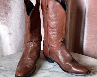 vintage 80's western handmade rustic brown pointed toe cowboy boots size 7.5-8