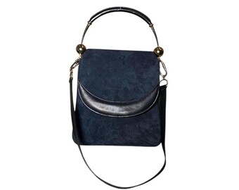 Vintage 1960s Greta Made in Italy Navy Suede Leather Metal Handle