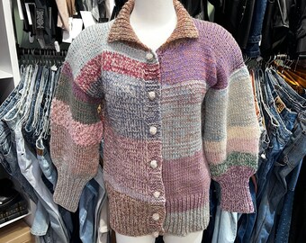 Vintage hand knit puff sleeve collared cardigan