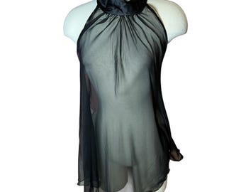 y2k Myla 100% Silk Chiffon Satin Halter High Neck Backless Babydoll Nighty Swing Top Size Medium