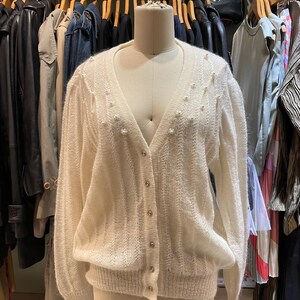 Vintage 80s Roscar Beaded Cream Knitted Cardigan