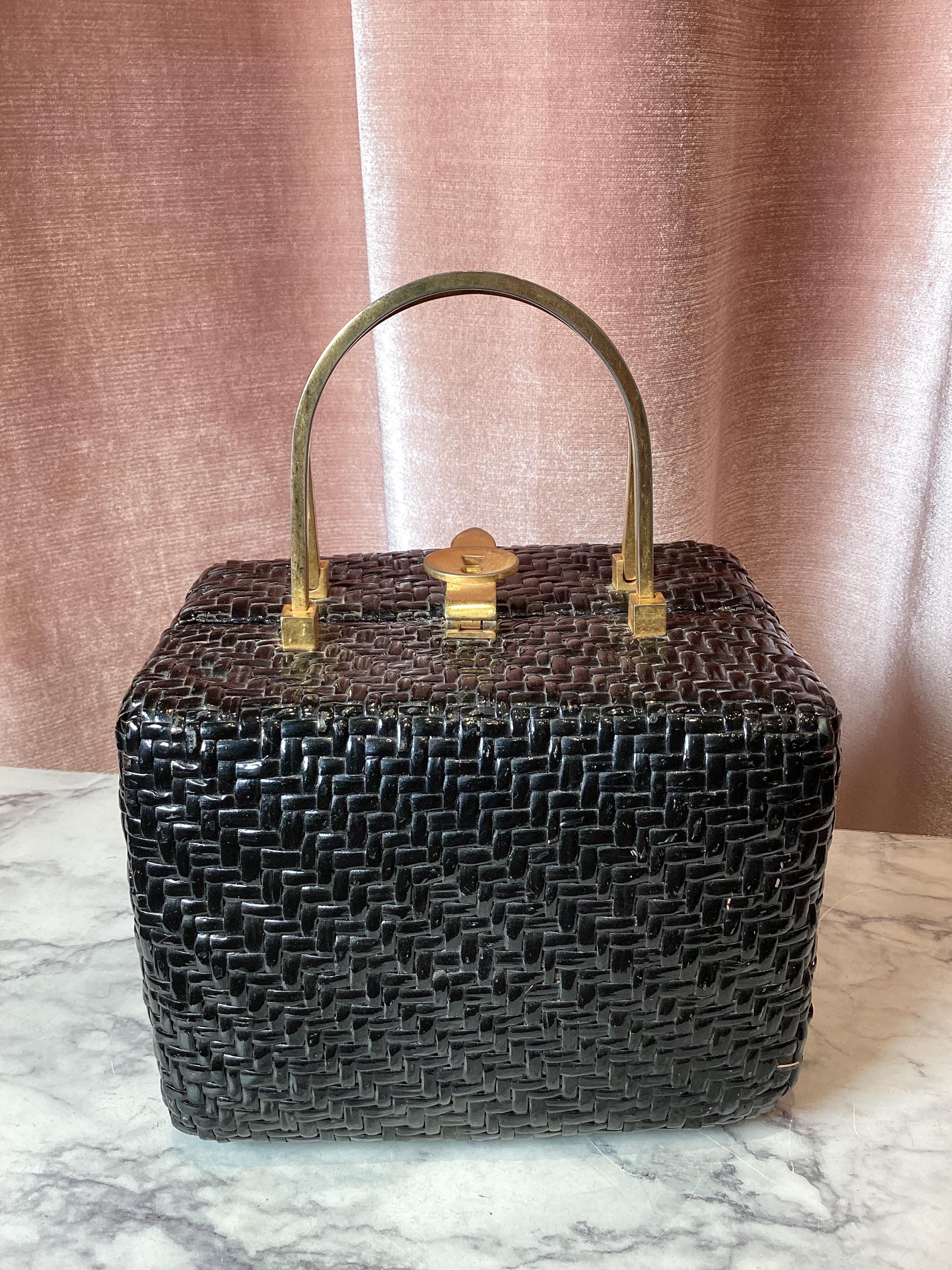 Vintage 1960's Koret Straw Raffia Box Gold Metallic Handle Hand