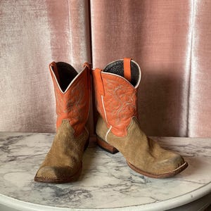 Vintage 90s Square Toe Flat Suede Leather Orange Cowboy Western