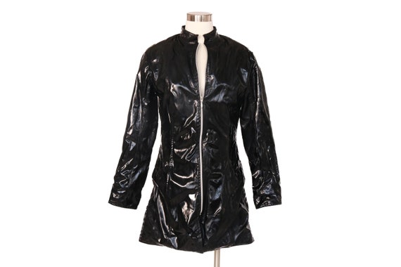 Vintage PATENT Zip up Black Vinyl Dress Coat Shiny