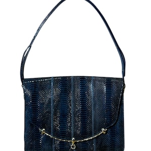 Vintage Python Leather Navy Blue Shoulder Hand Bag
