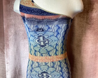 Vintage Jean Paul Gaultier Soleil Currency Print One Shoulder Maxi