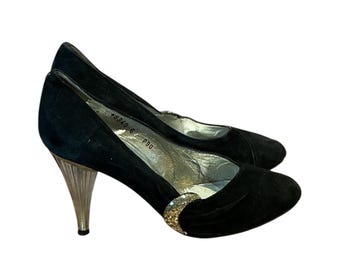 Décolleté vintage anni '80 Mario Valentino in pelle scamosciata, lucite, con glitter a forma di luna, taglia 6