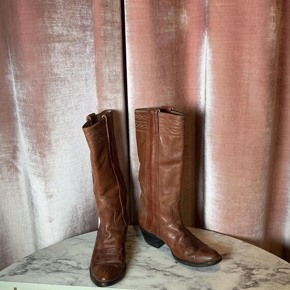 Tony Lama Dark Brown Western Cowboy Boots with Embroidered Shaft Vintage Tony Lama Cowboy Boots: Brown Pebble Grain Leather  main image 3