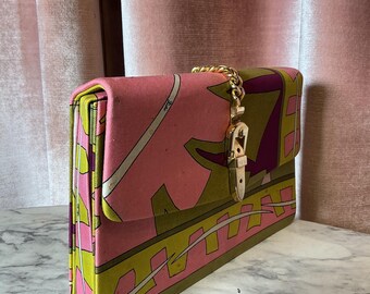 Vintage 1970s Emilio Pucci Colorful Silk Leather Geometric Print