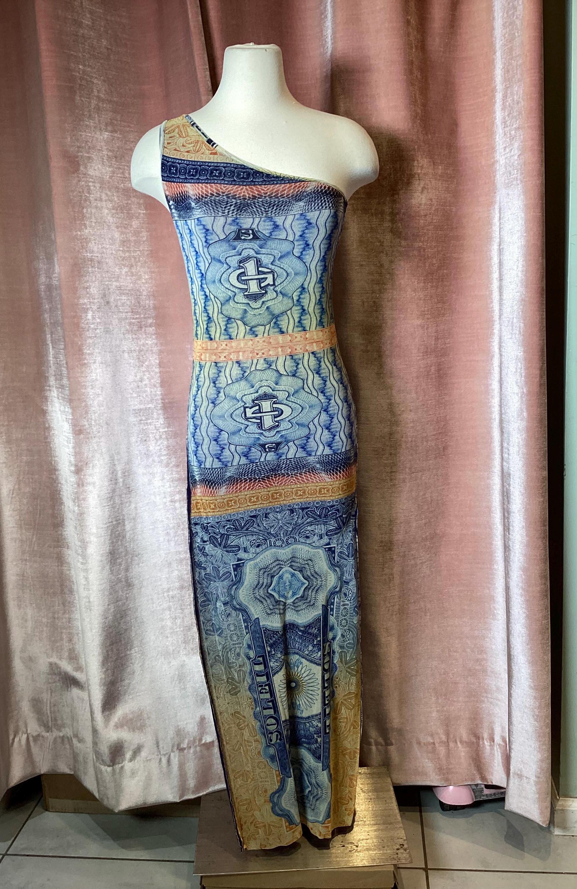 レア品JeanPaul Gaultier Soleil 紙幣ストールワンピース Vintage Jean Paul Gaultier Soleil Currency Print One Shoulder Maxi
