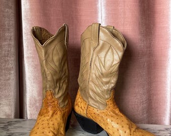 Vintage Justin 8931 Full Quill Ostrich Cowboy Boots – Tan 
