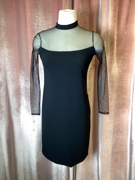 knee length dresses for ladies Betsy & Adam Womens Mock Neck Sheer Sleeve Evening Dress Black 12
