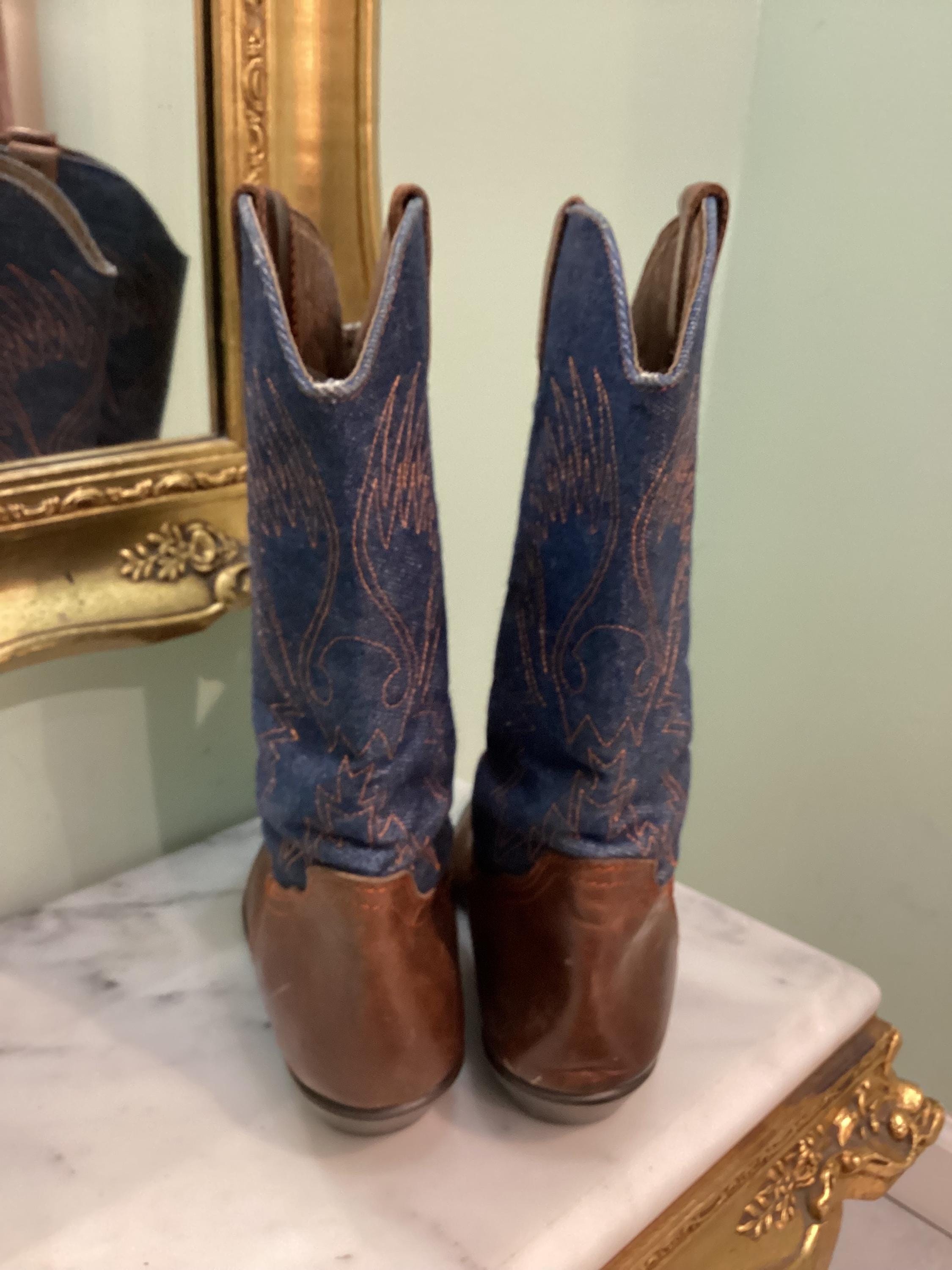 Vintage Leather Denim & Brown Western Cowboy Boot Size 8 - Etsy