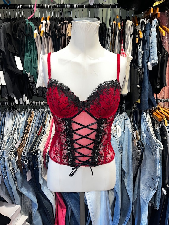 Vintage y2k red and black lace mesh bustier