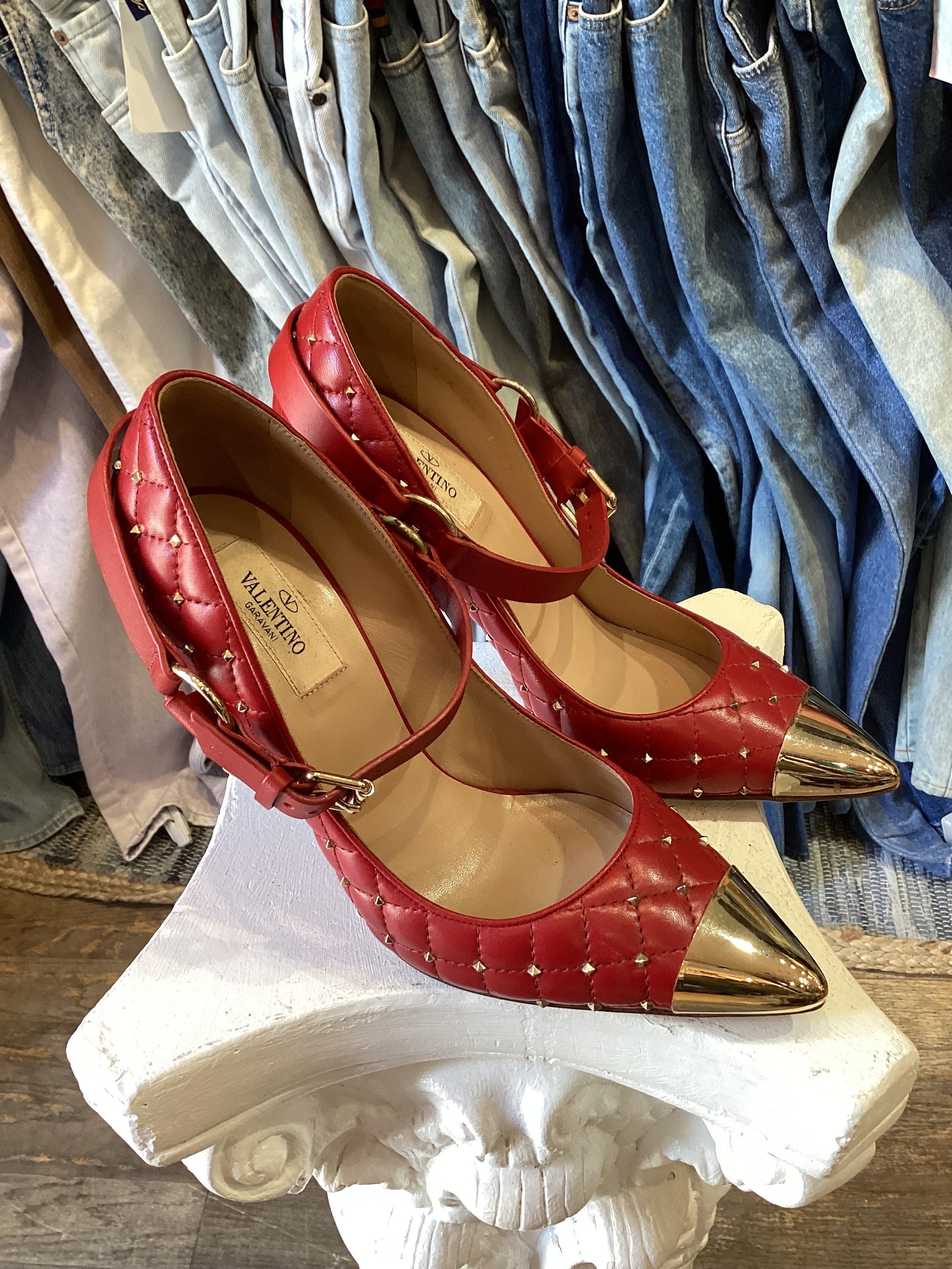 Valentino Red Leather Rock Stud Quilt Mary Jane Point Toe Hi Valentino Red Leather Rock Stud Quilt Mary Jane Point Toe Hi