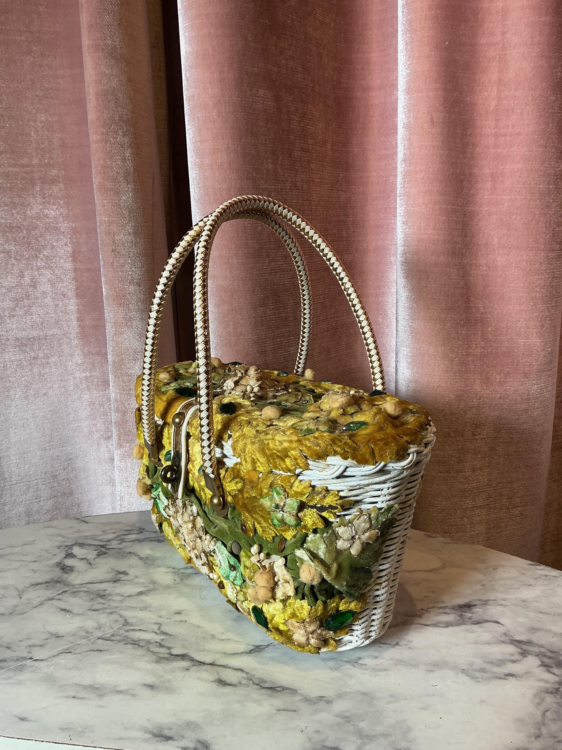 Vintage 1950s Midas of Miami Velvet Floral Applique Basket Box