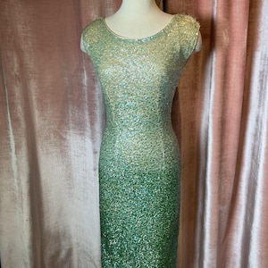 Vintage 70er Jahre Banff Pailletten Schimmerndes Grün Ombre Cocktail Glamour Party Wear Kleid S/M