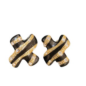 Vintage Black Enamel & Rhinestone &quot;X&quot; Clip-On Earrings, Gold Tone Earrings