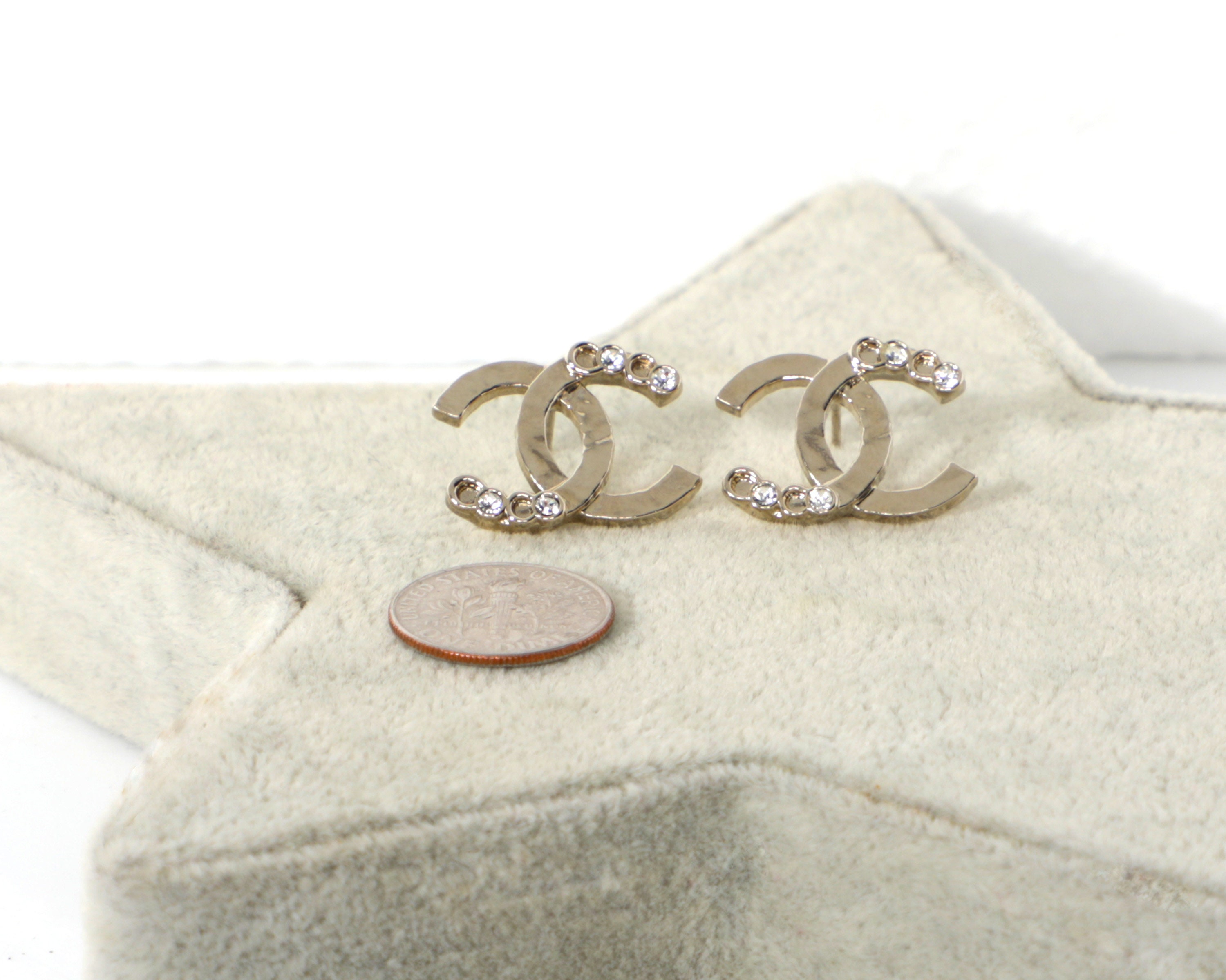 Chanel CC Logo Hammered Rhinestone Post Gold Earrings - Etsy