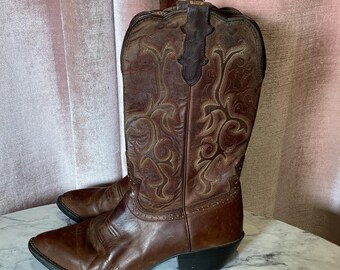 Vintage 90's Ariat Brown Leather Embroidered Cowboy Boots 9B - Etsy
