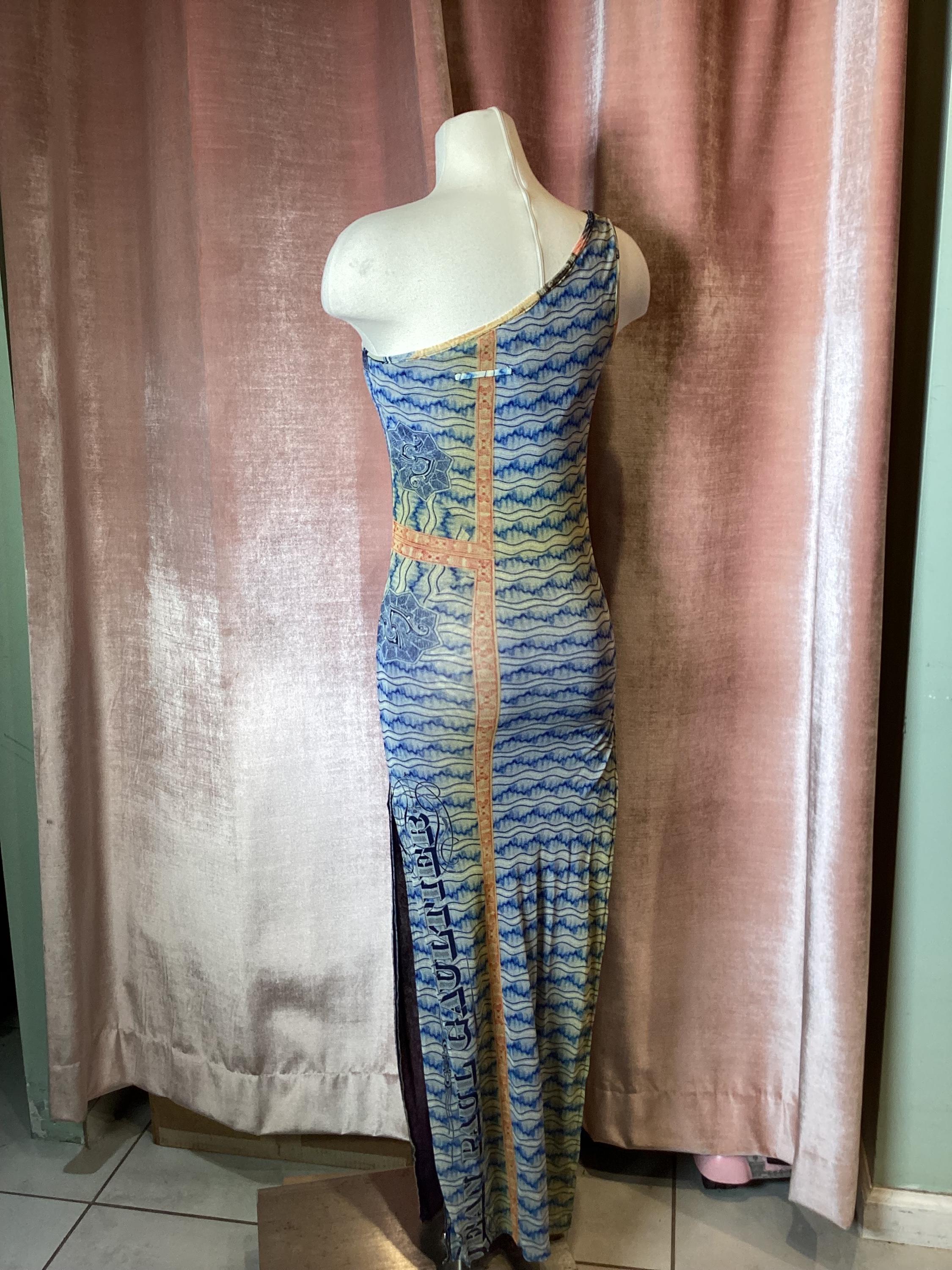 Vintage Jean Paul Gaultier Soleil Currency Print One Shoulder Maxi