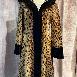 Vintage 1960s Long Faux Fur Leopard Print Hooded Coat