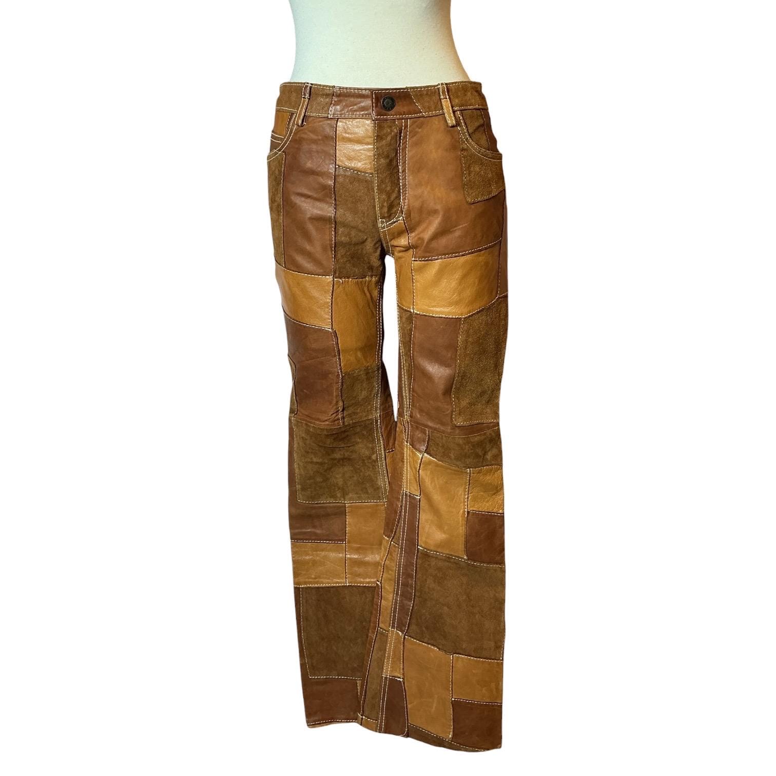 パンツ Rare Brown Leather Flare Pants y2k 00s Vintage Y2K Earl Jean Leather Patchwork Mid Rise Bootcut Flare