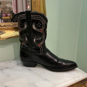 Vintage Black Leather Distressed Cowgirl Boots 8