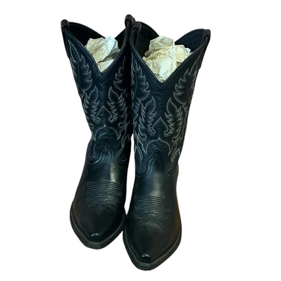 Vintage 1980s Laredo Black Leather Flame Stitch Cowboy Boots Size 6 6.5