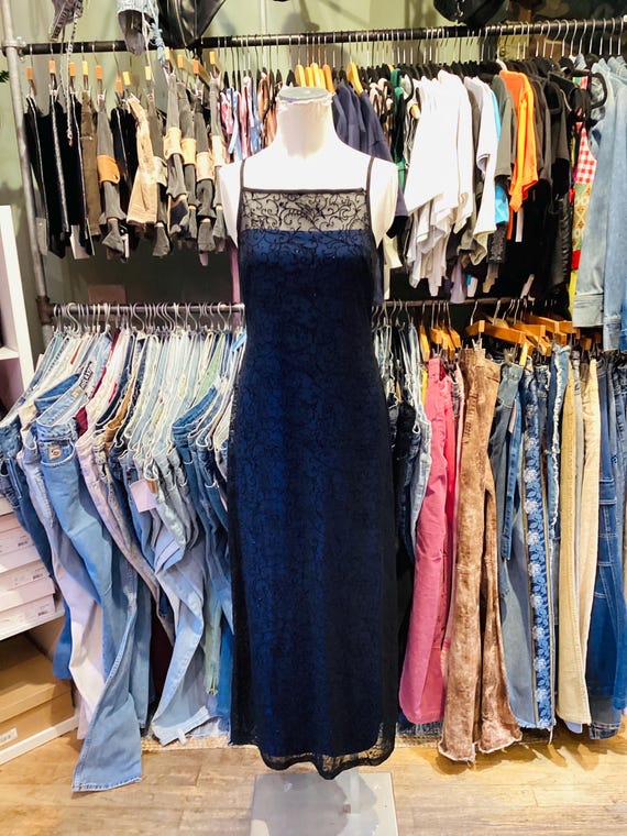 Vintage Y2K Mesh Embroidery Black and Blue maxi dr