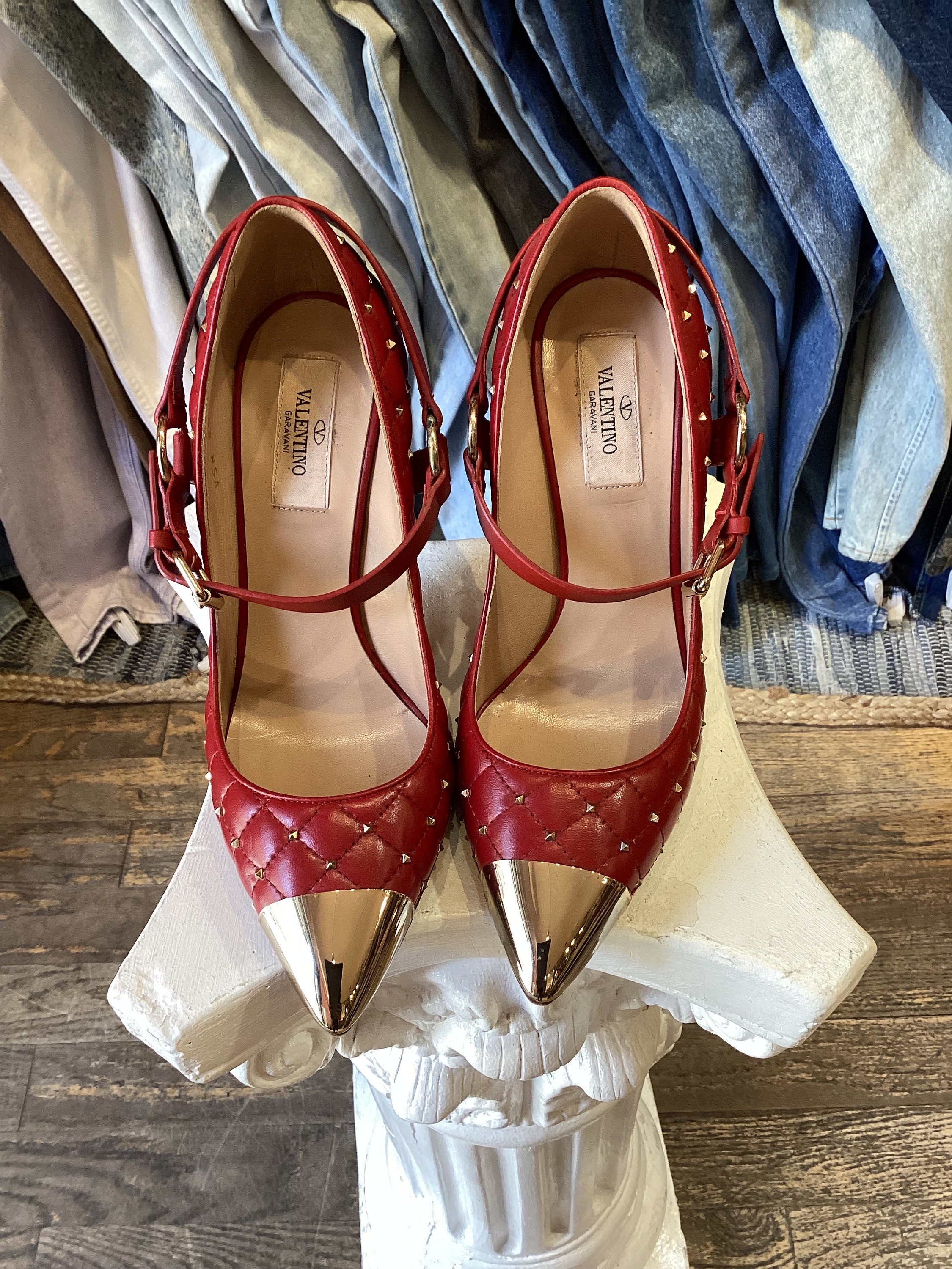 Valentino Red Leather Rock Stud Quilt Mary Jane Point Toe Hi Valentino Red Leather Rock Stud Quilt Mary Jane Point Toe Hi