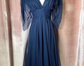Vintage 1970s Miss Elliette Chiffon Babydoll Empire Waist Navy Party Dress