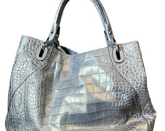 Bolso de mano vintage Francesco Biasia de piel plateada con relieve de cocodrilo