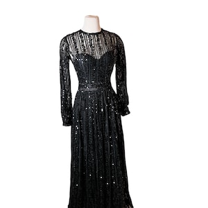 Vintage 1980s black sheer mesh sequin maxi formal dress S