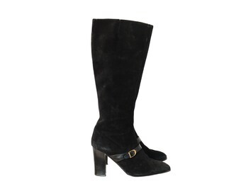 VINTAGE Black SUEDE Buckle Detail Knee High BOOTS Size 8