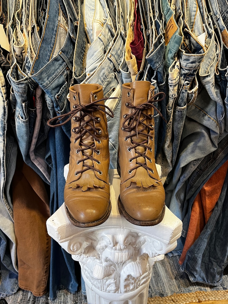 Vintage 80s Justin Leather Roper Lace up Flat Western Boots - Etsy