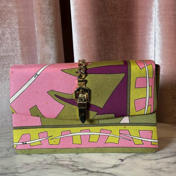 Vintage 1970s Emilio Pucci Colorful Silk Leather Geometric Print