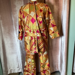 Vintage 70’s Geometric Pattern Pantsuit Unique Ethnic Inspired Two-Piece Set L