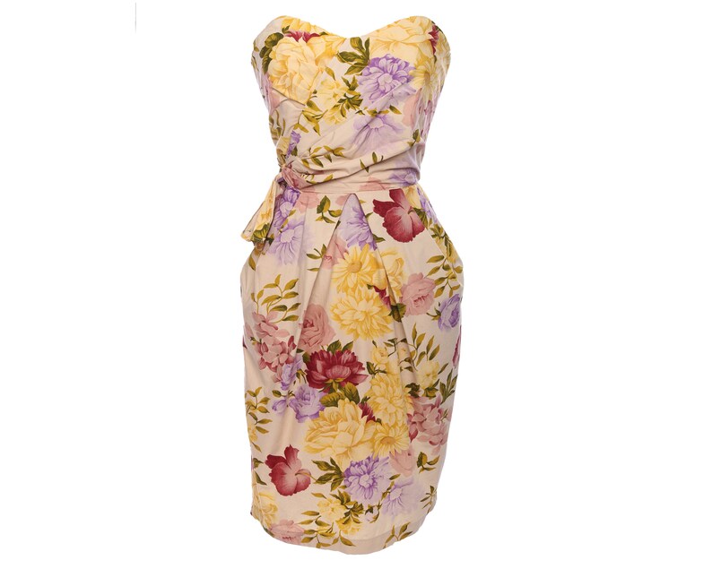 Vtg 90s FLORAL STRAPLESS TULIP Shift Draped Cocktail Party Mini Dress xS S