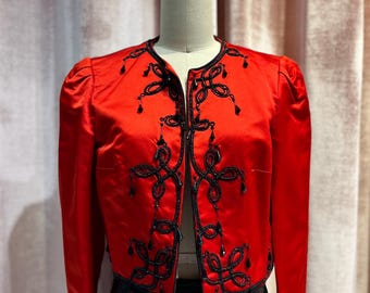 Vintage 80s Red Silk Satin Cropped Embroidered Beaded Jacket