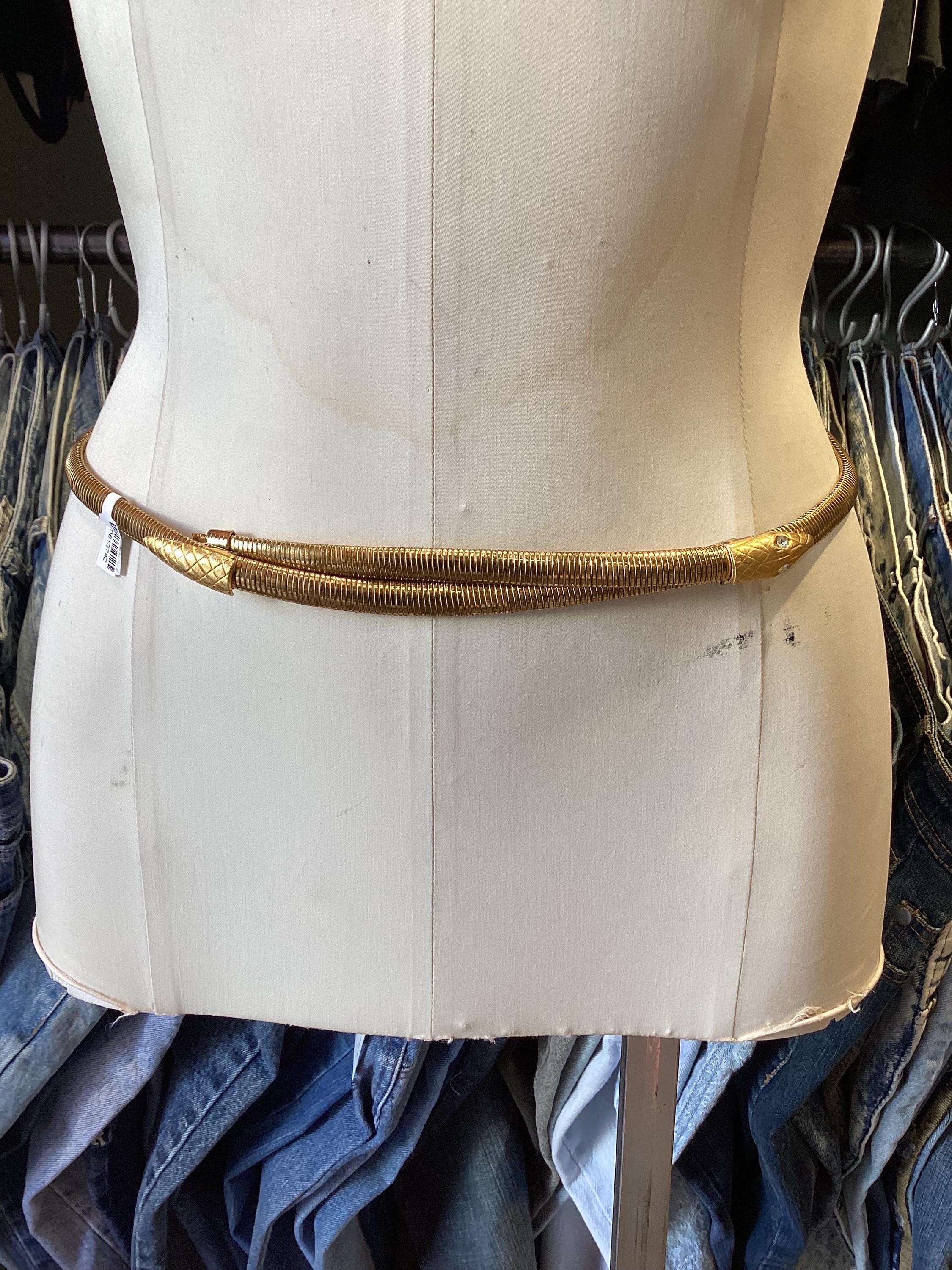 Vintage 1970\'s Gold Tone Snake Chain Belt Brown Leather Retro Skinny Metallic Vintage 1970s Gold Metallic Snake Pattern Belt Holiday Party  main image 3