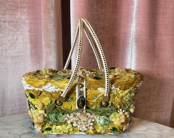 Vintage 1950s Midas of Miami Velvet Floral Applique Basket Box Handbag