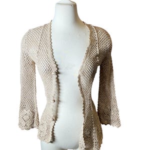 Vintage 70s crochet net cream cardigan XS
