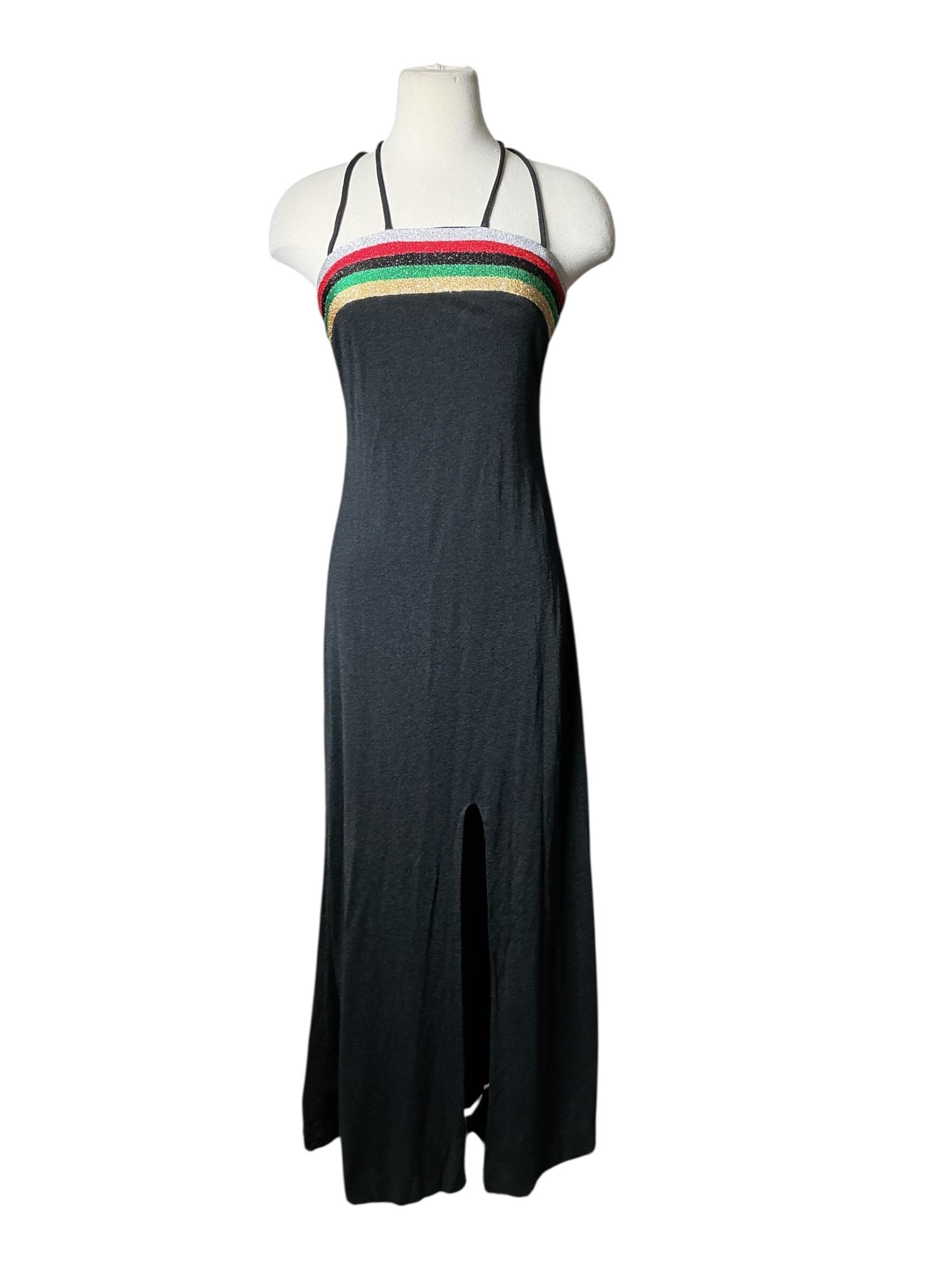 rasta halter dress Vintage Boho Black Halter Rasta Stripes Party Maxi Dress S