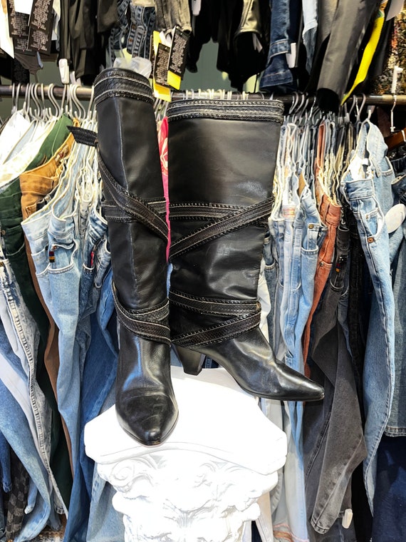 Vintage 80s Leather Black Tall knee high Boots