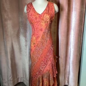 Vintage Y2K silk Coral paisley Ruffle elegant sleeveless Boho chic flattering v neck lightweight fabric sequins beaded maxi dress