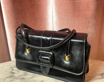 vintage 1980's black retro glossy elegant structured top handle box bag