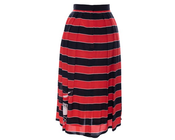 Vtg 80s STRIPED NAUTICAL MIDI Silk Boat Print High